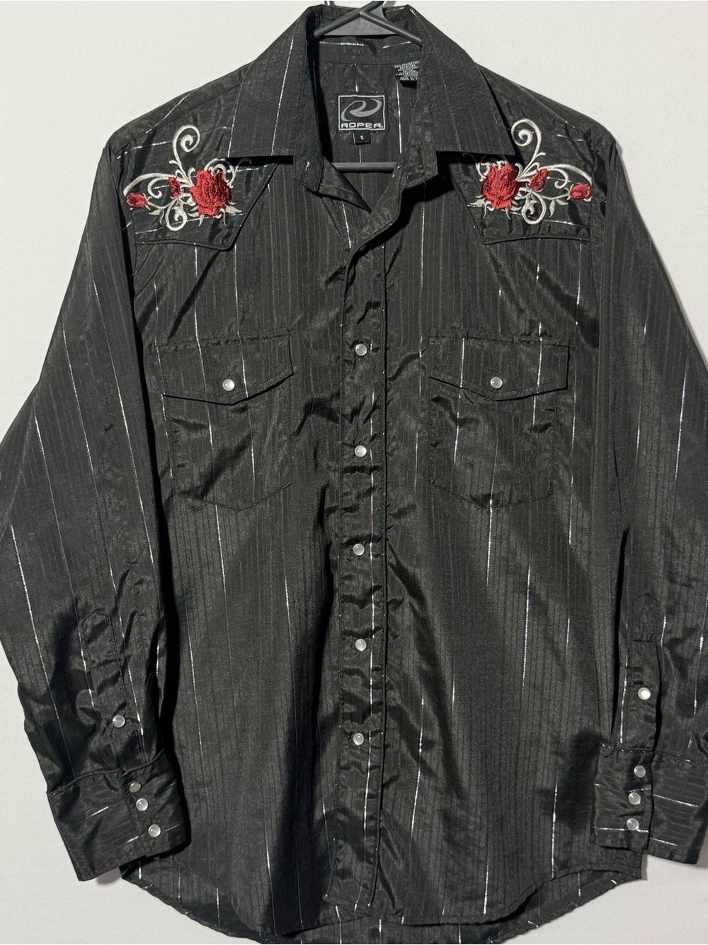 Roper Black Western Metallic Sheen Pinstripes and Embroidered Roses Pearl Snaps